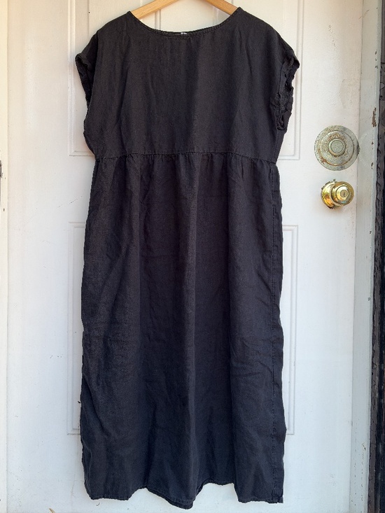 Uniqlo Dresses & Skirts - UNIQLO Womens M Black 100% Linen Midi Dress Short Sleeve